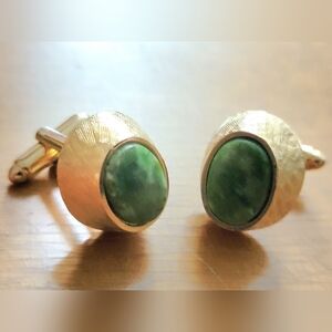 Vintage Dante Jade and Gold Toned Cufflinks with Tie Pin